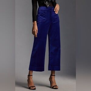 Anthropologie Maeve The Colette Velvet Crop Wide-Leg Pants Size 28 In Royal Blue